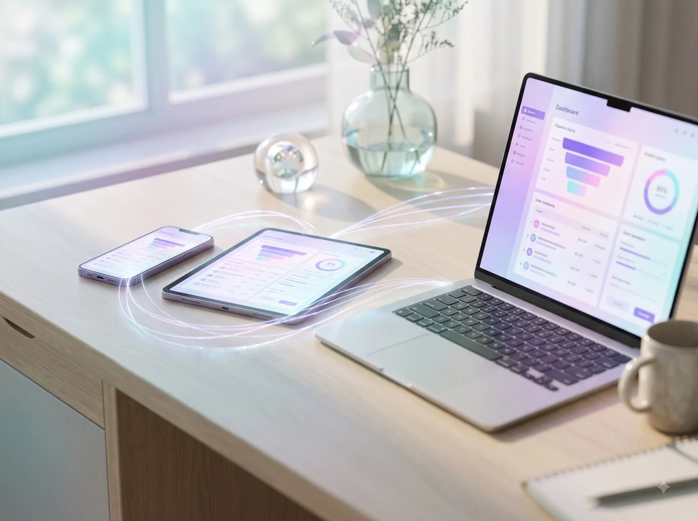 A laptop, tablet and phone on a bright desk, each showing a business dashboard, joined by glowing lines into one connected system.